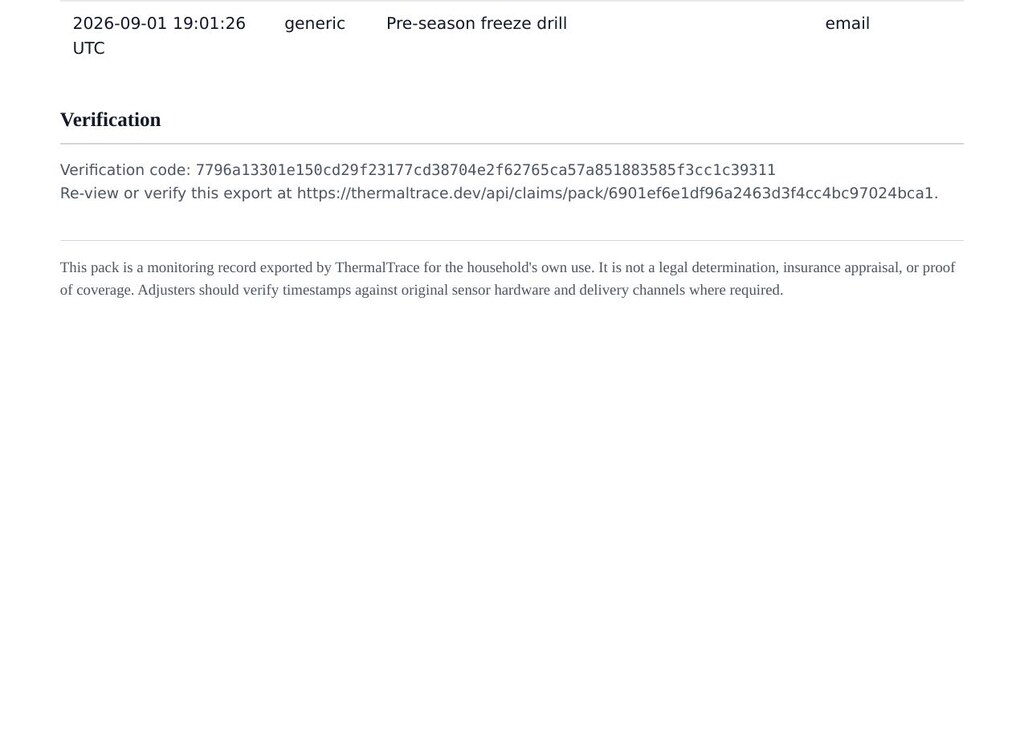 ThermalTrace claims pack verification section with SHA-256 code, permanent verify link, and legal disclaimer